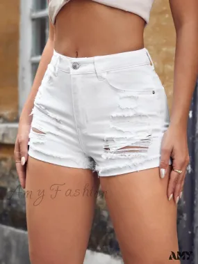 Amy Fashion - Ripped Raw Hem Ripped Denim Shorts