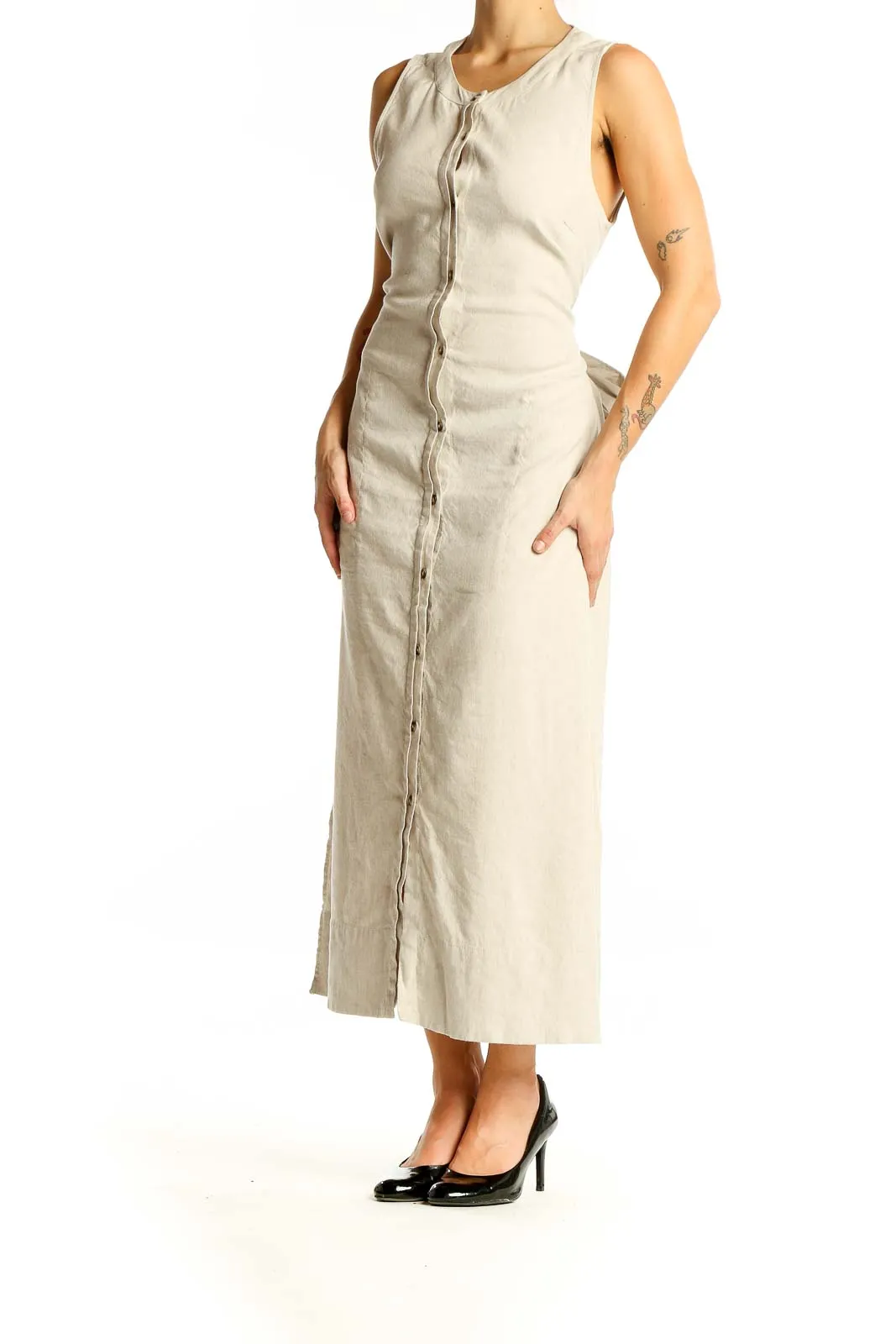 Beige Button-Front Linen Blend Maxi Dress