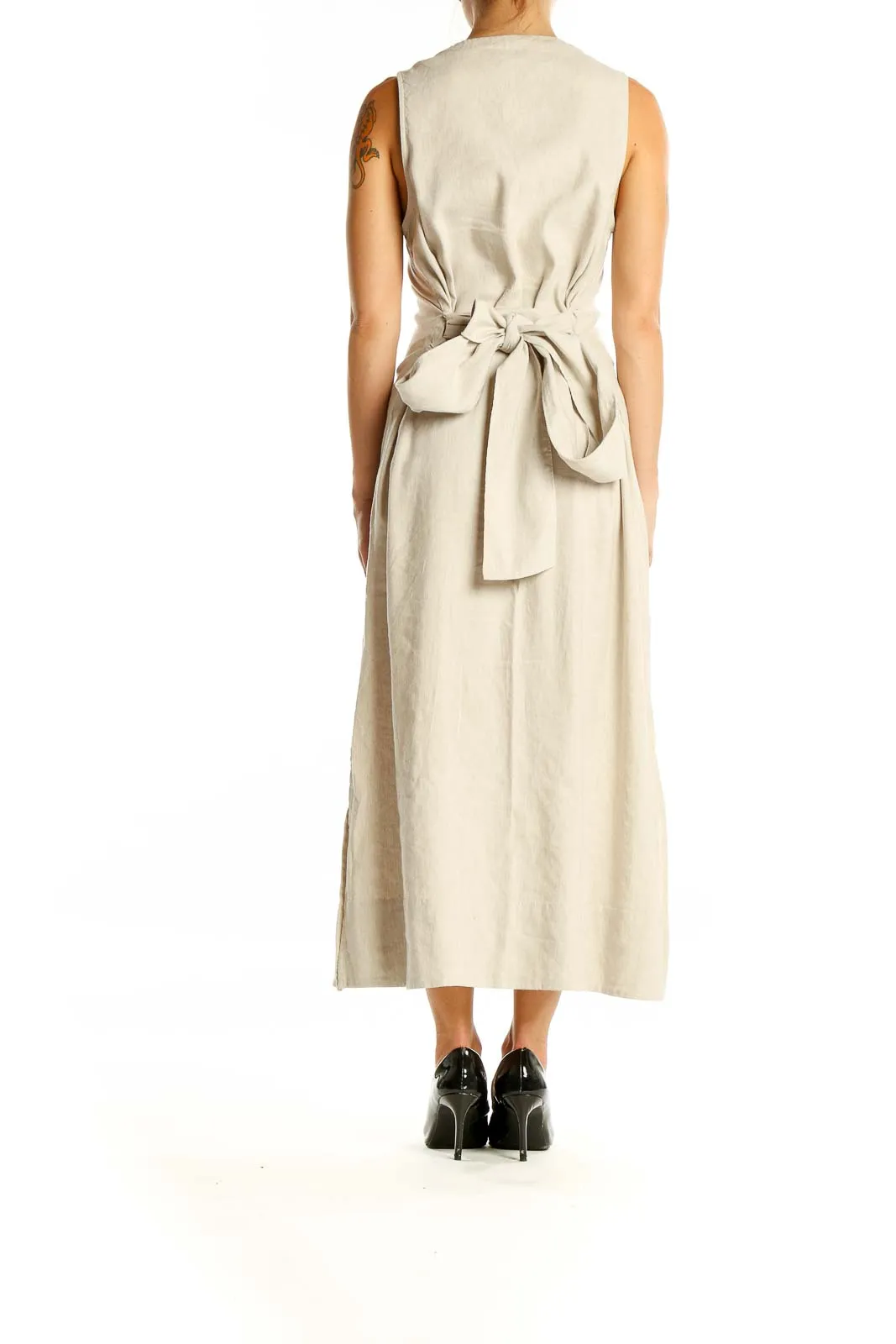 Beige Button-Front Linen Blend Maxi Dress