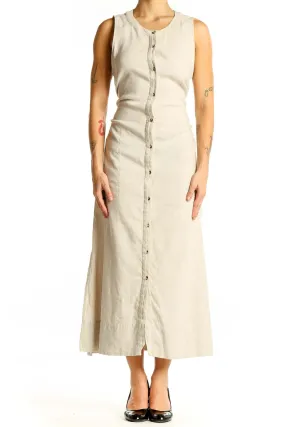 Beige Button-Front Linen Blend Maxi Dress