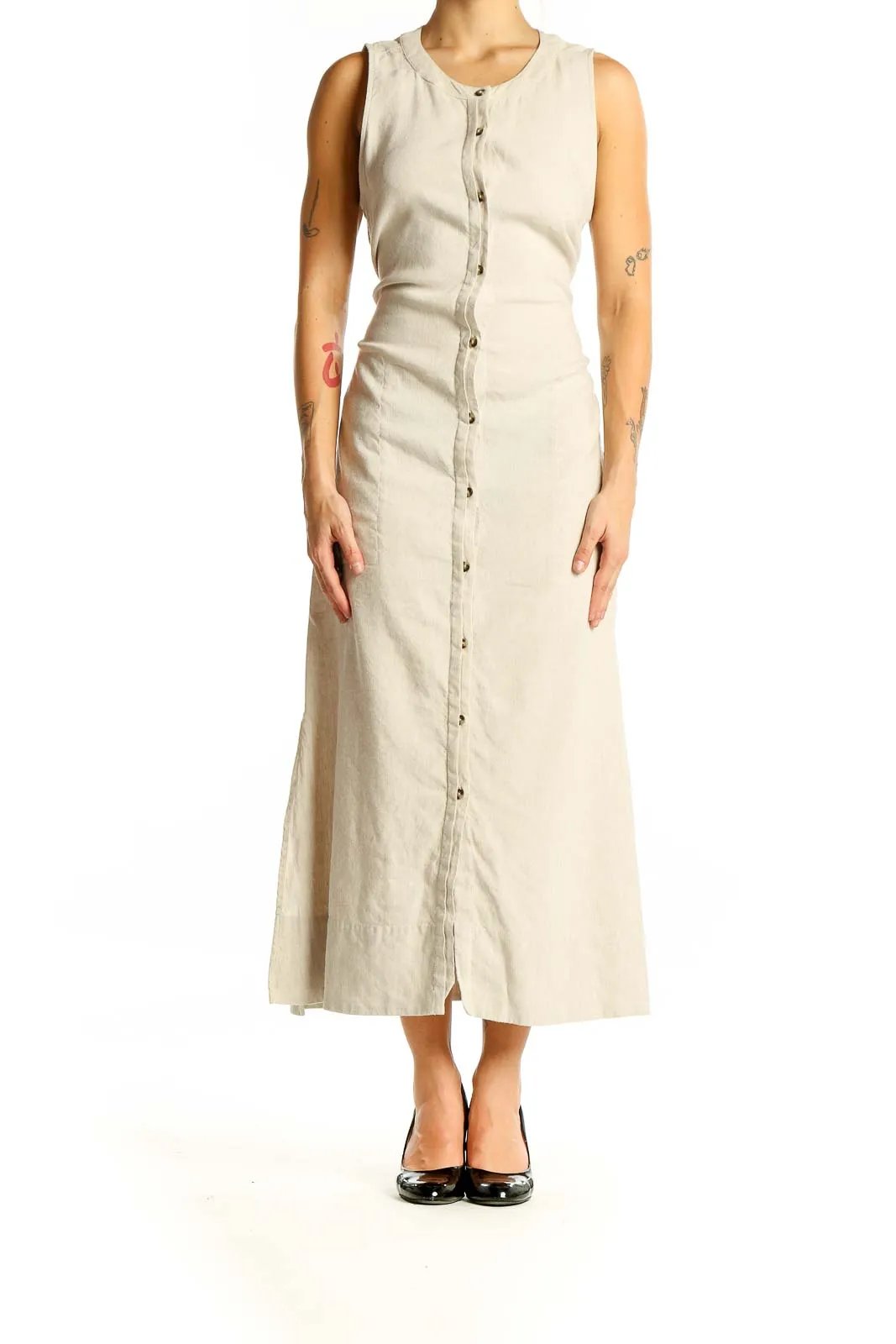 Beige Button-Front Linen Blend Maxi Dress