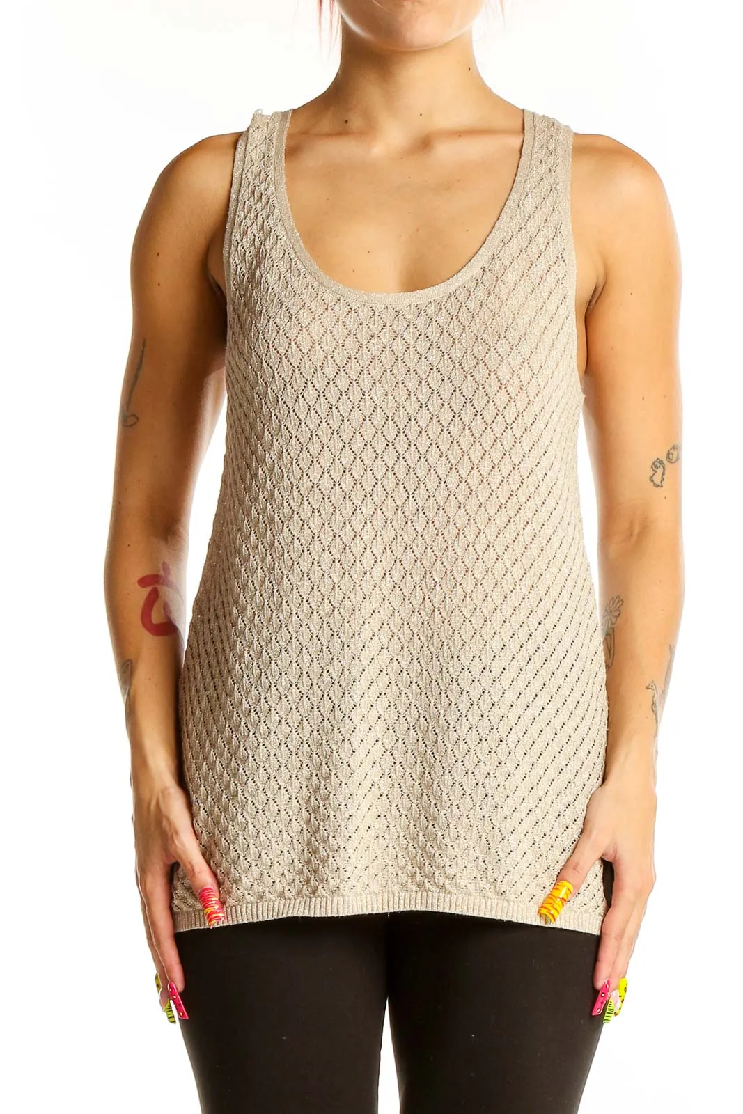 Beige Textured Sleeveless Tank Top