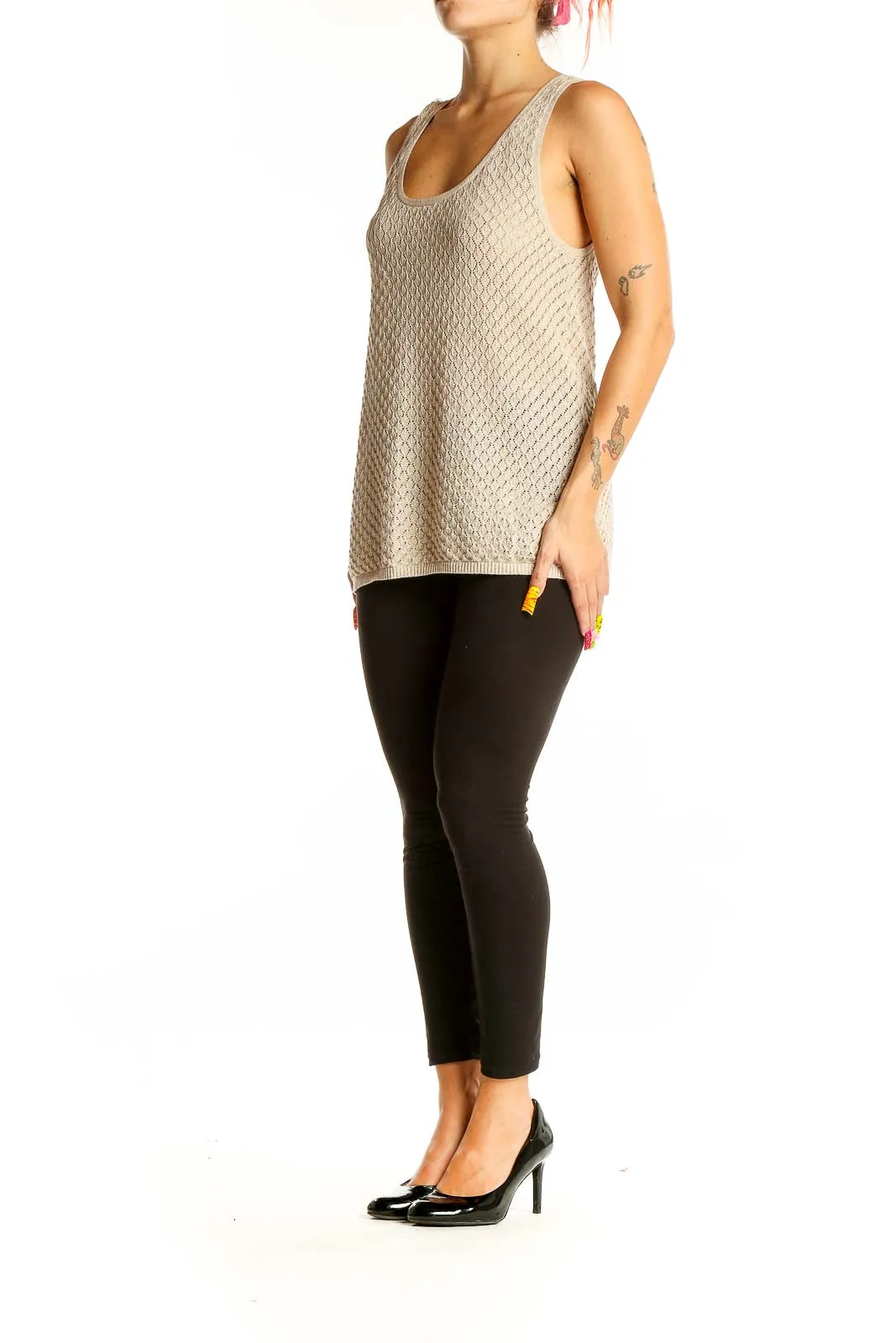 Beige Textured Sleeveless Tank Top