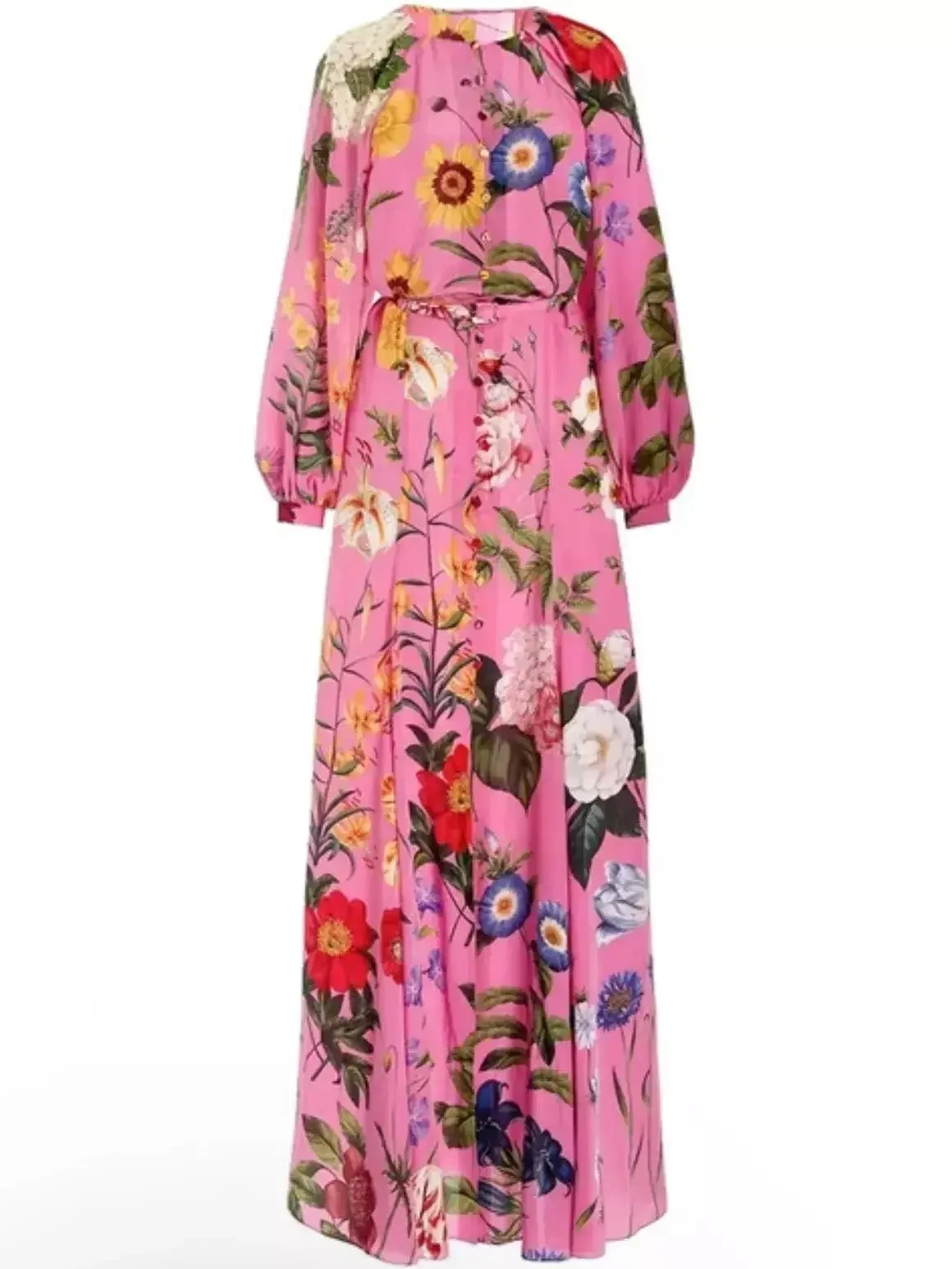 Belted Button-Front Floral-Print Pink Long-Sleeve Maxi Dress