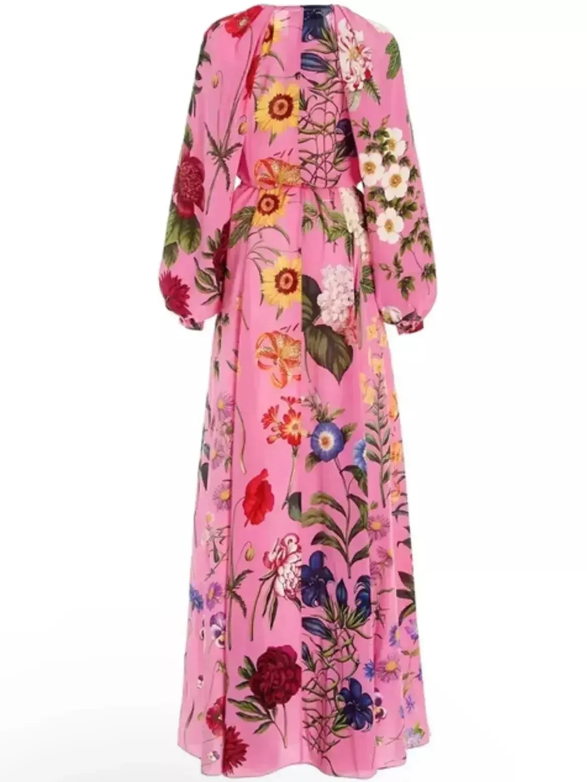 Belted Button-Front Floral-Print Pink Long-Sleeve Maxi Dress