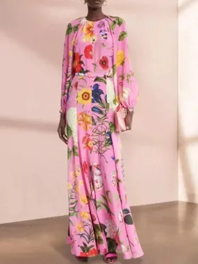 Belted Button-Front Floral-Print Pink Long-Sleeve Maxi Dress