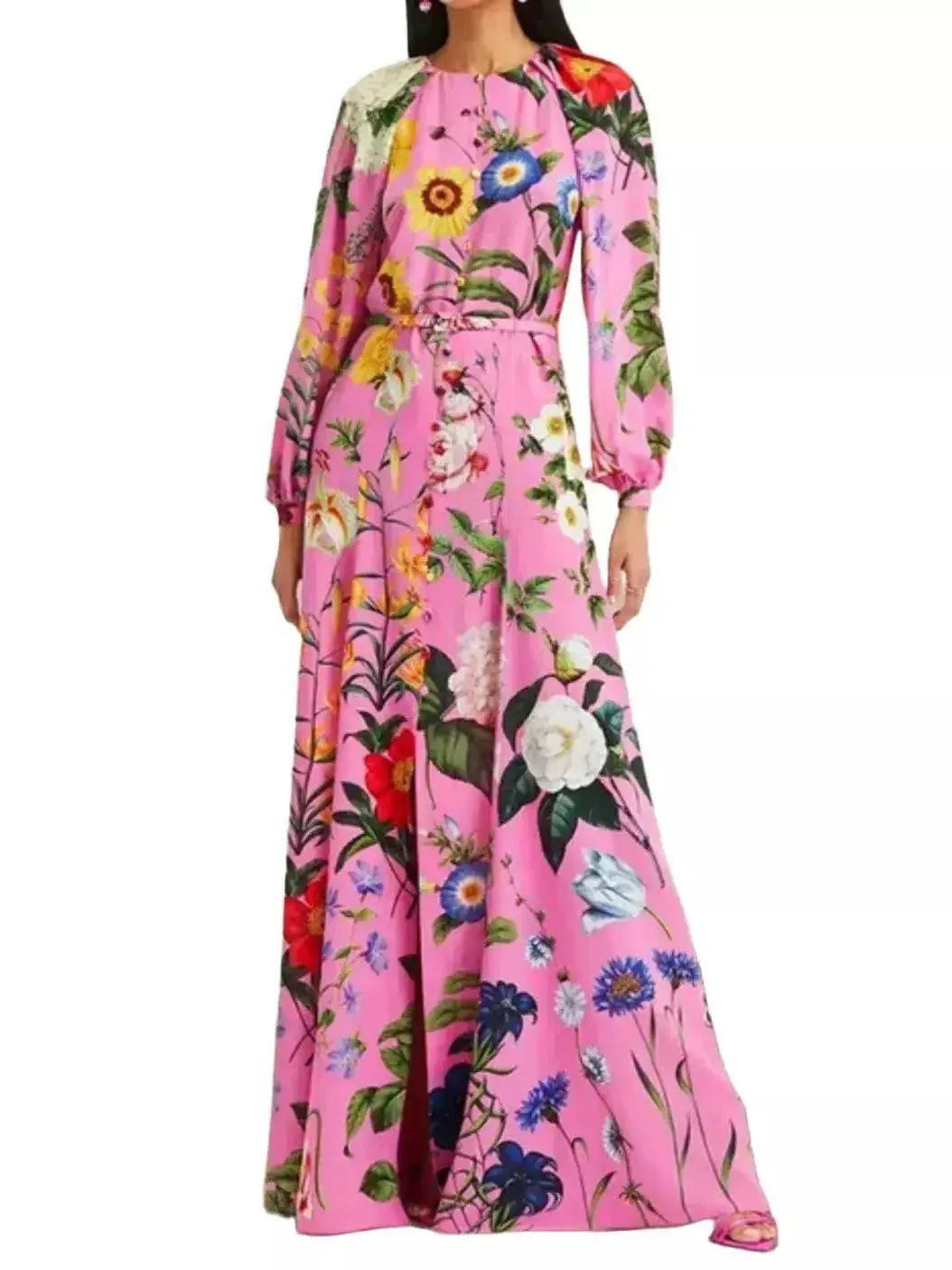 Belted Button-Front Floral-Print Pink Long-Sleeve Maxi Dress