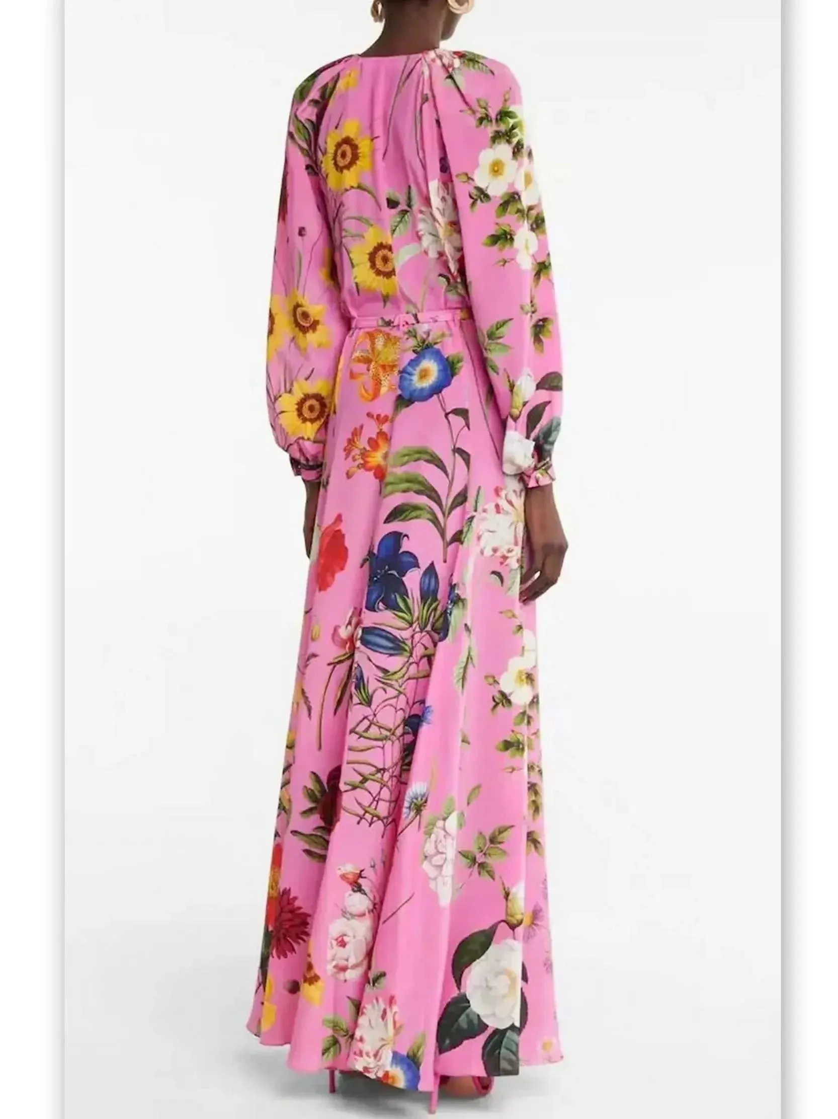 Belted Button-Front Floral-Print Pink Long-Sleeve Maxi Dress