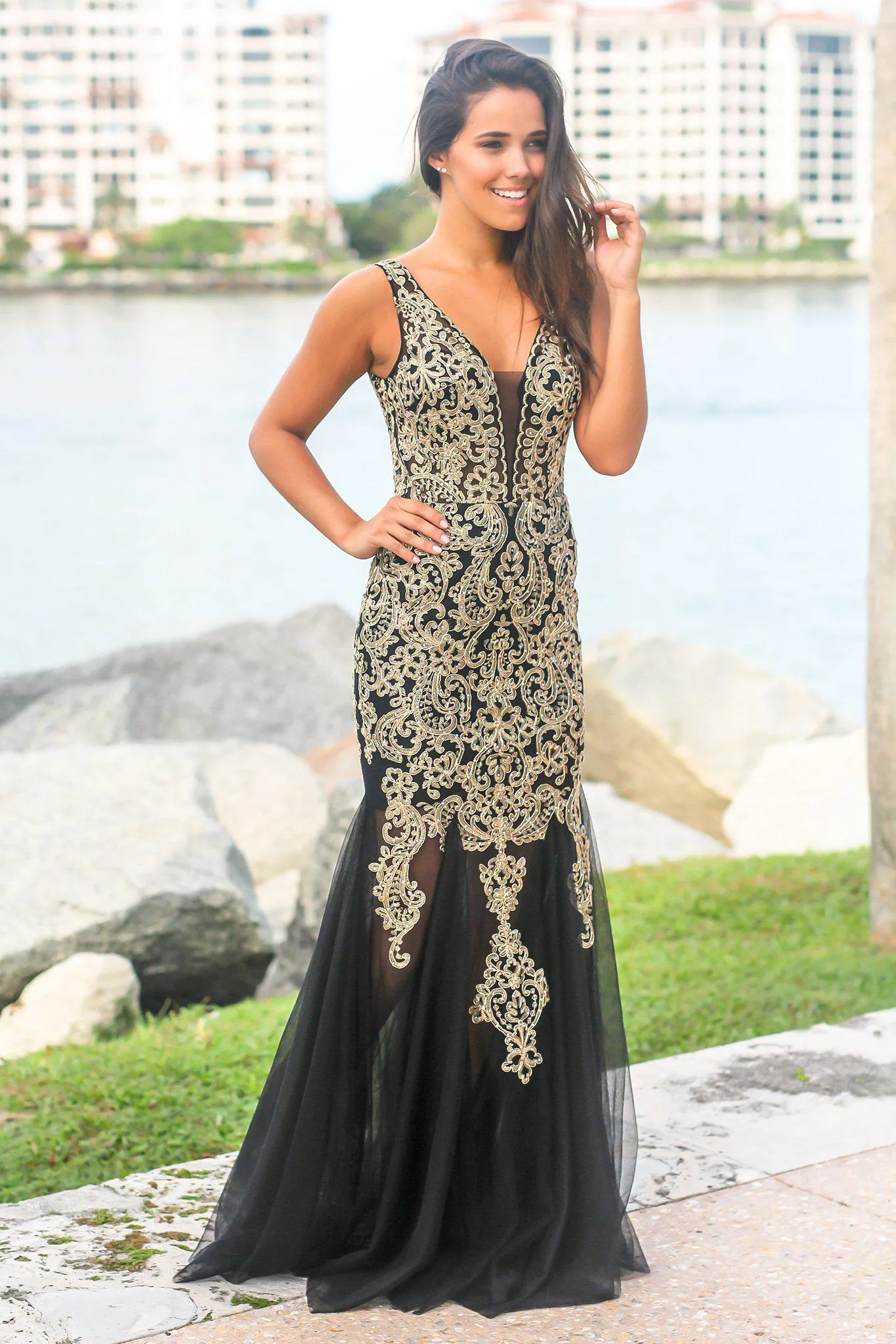 Black and Gold Lace Maxi Dress with Tulle Detail