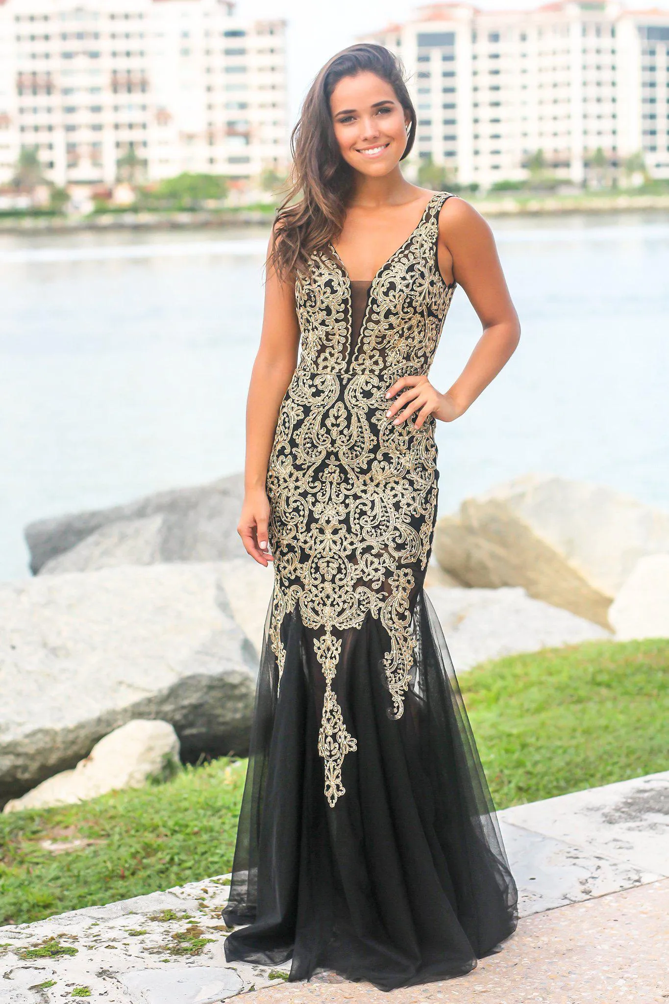 Black and Gold Lace Maxi Dress with Tulle Detail