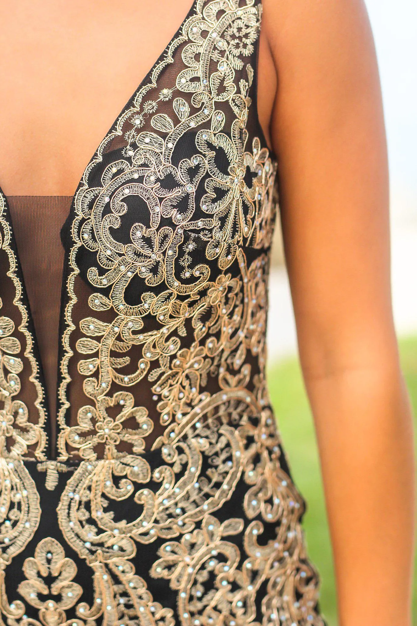 Black and Gold Lace Maxi Dress with Tulle Detail