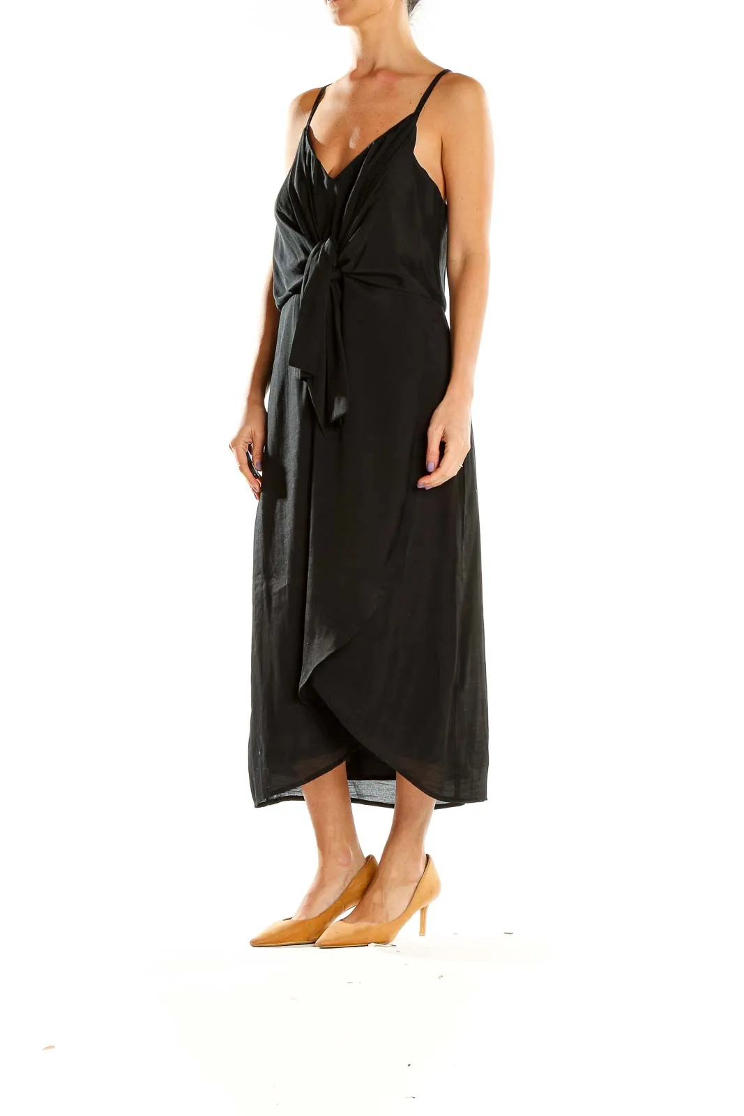 Black Elegant Wrap-Style Midi Dress