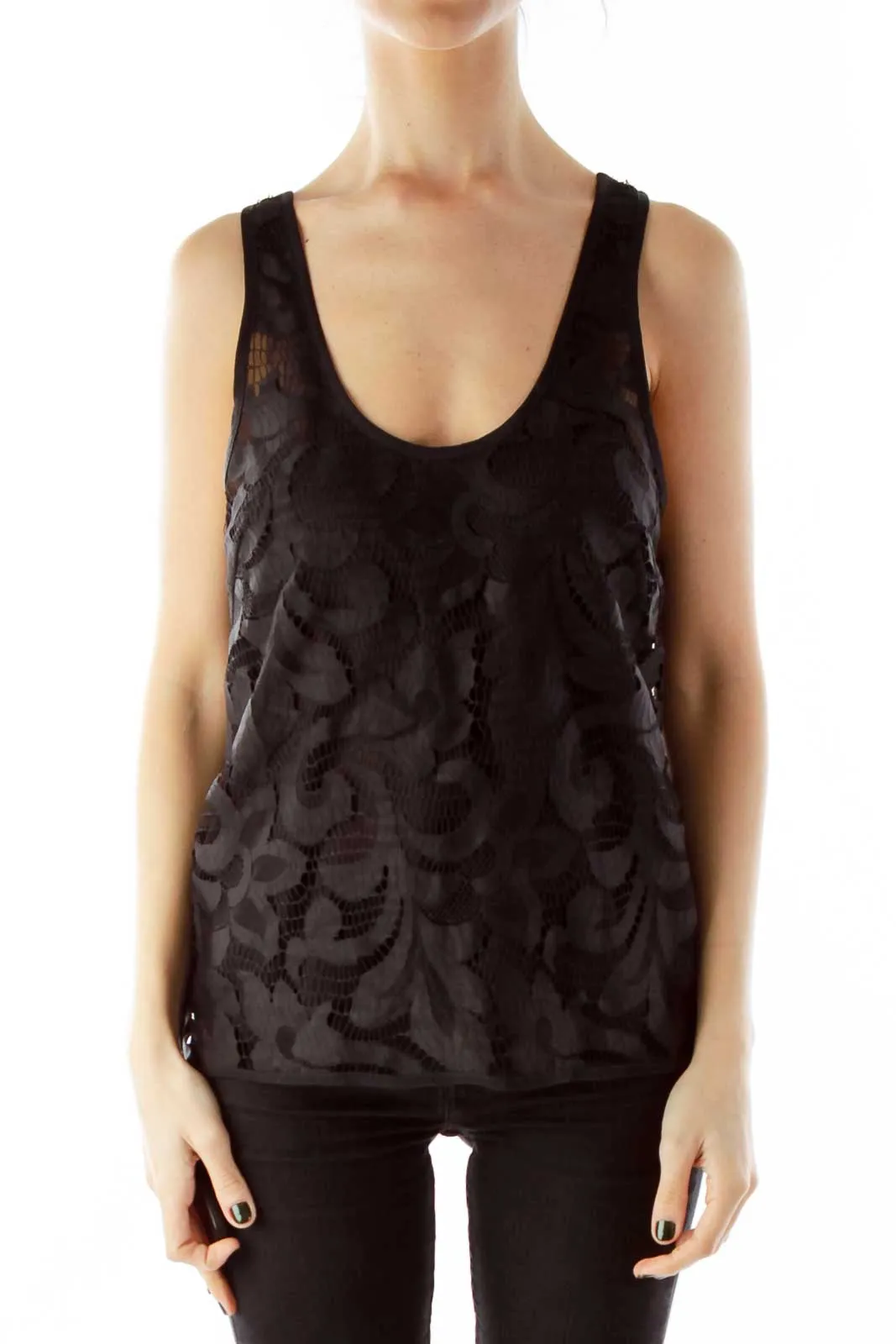 Black Layered Silk Lace Tank Top