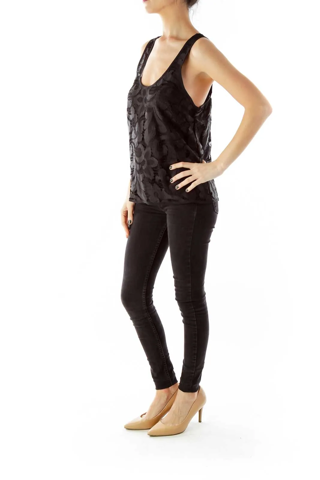 Black Layered Silk Lace Tank Top