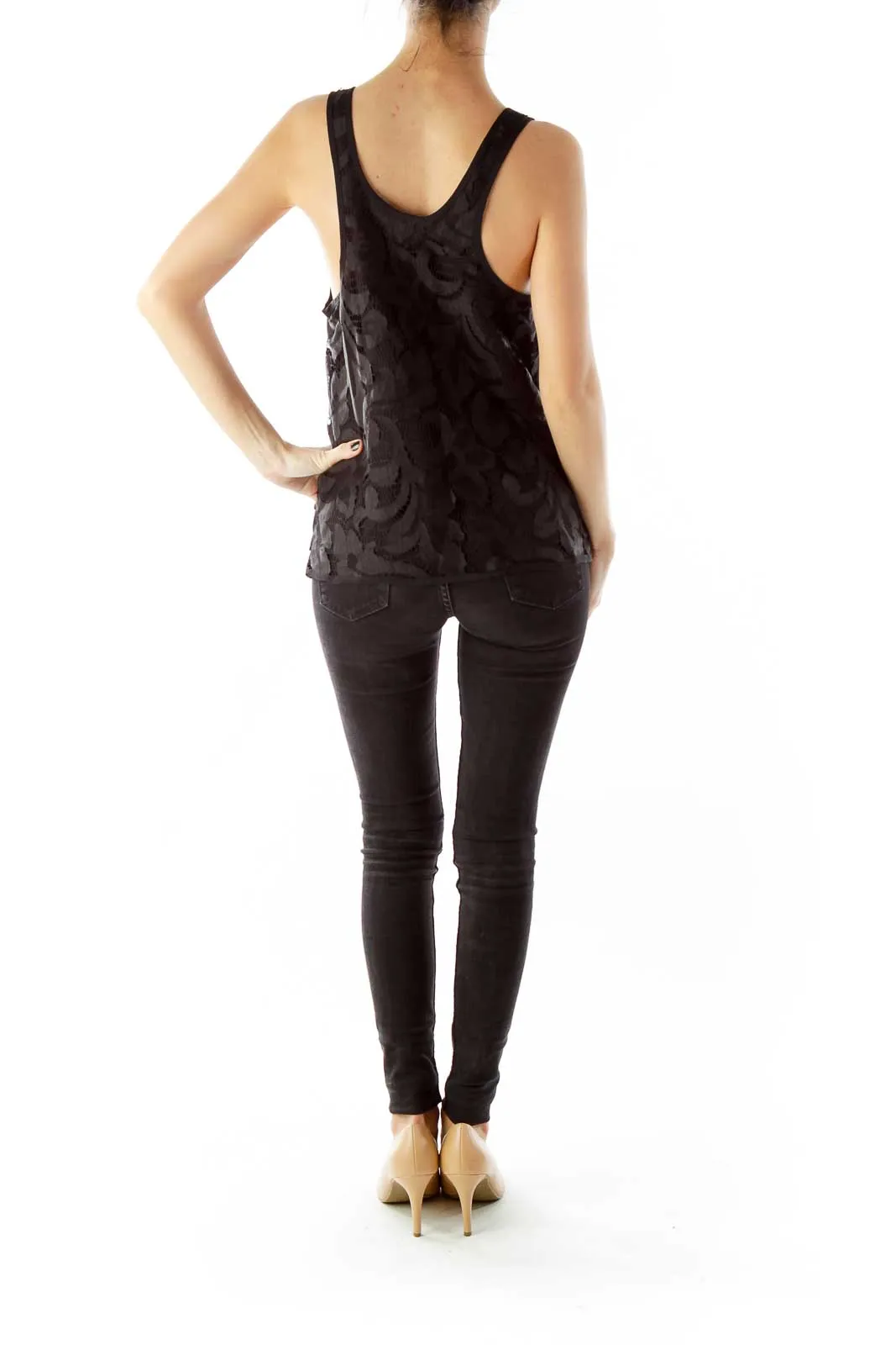 Black Layered Silk Lace Tank Top