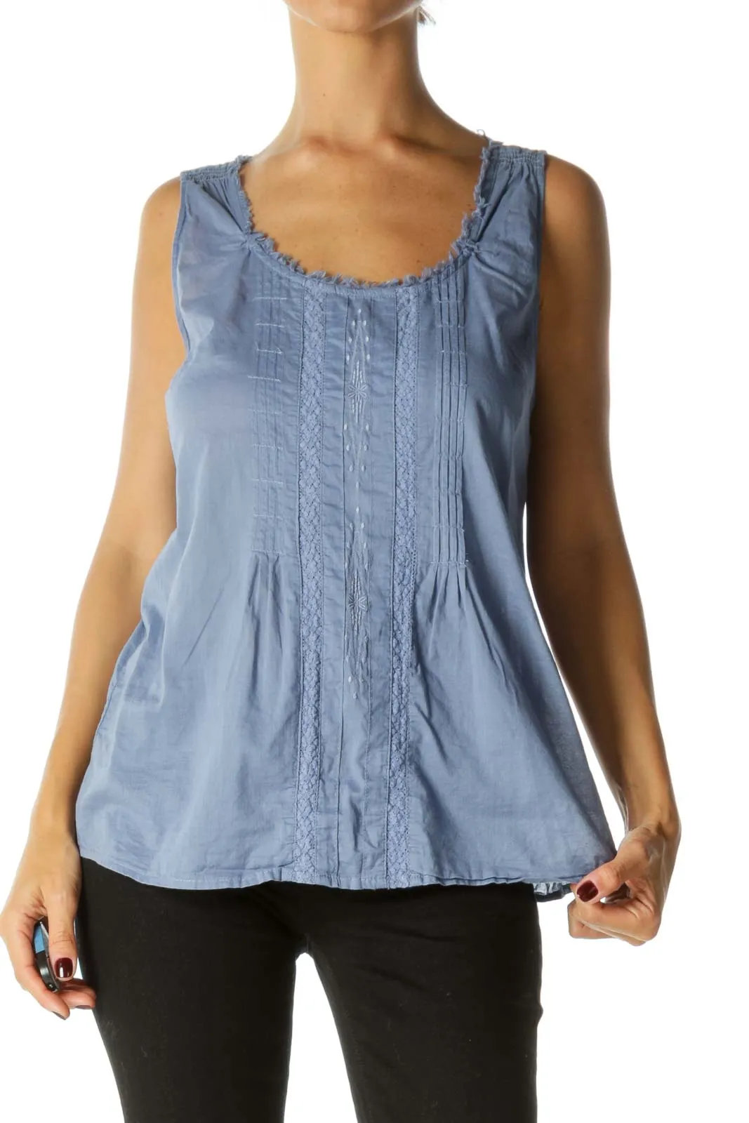 Blue Pleated Embroidered Cotton Tank Top