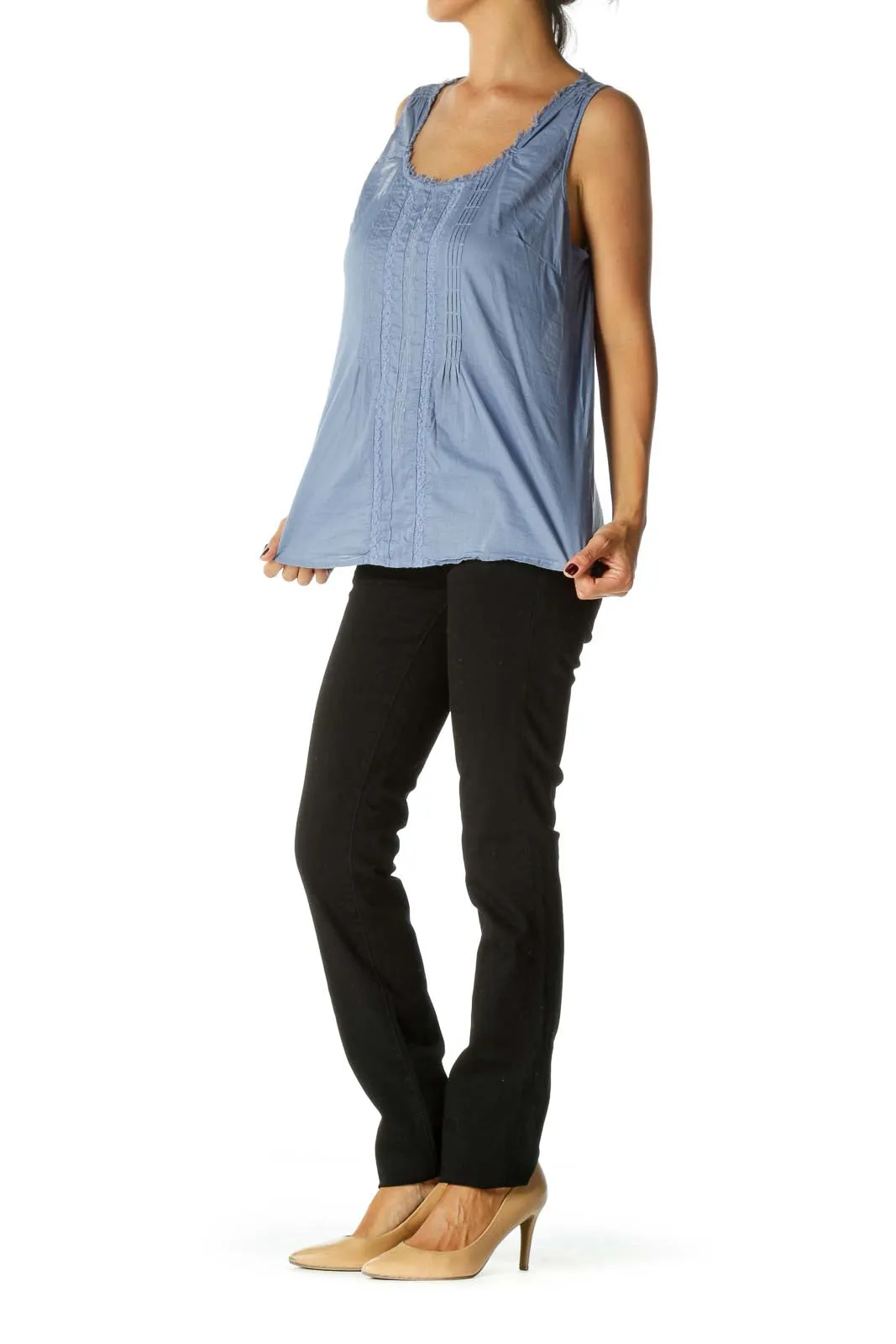 Blue Pleated Embroidered Cotton Tank Top