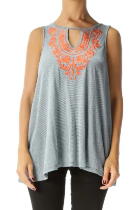 Blue White Orange Embroidery Keyhole Jersey Knit Tank Top