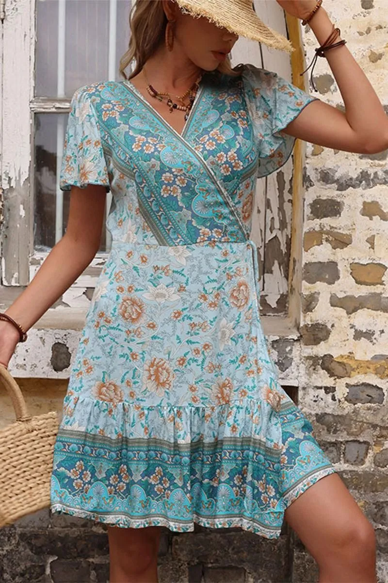 BOHEMIAN WRAP STYLE RUFFLED SHORT DRESS