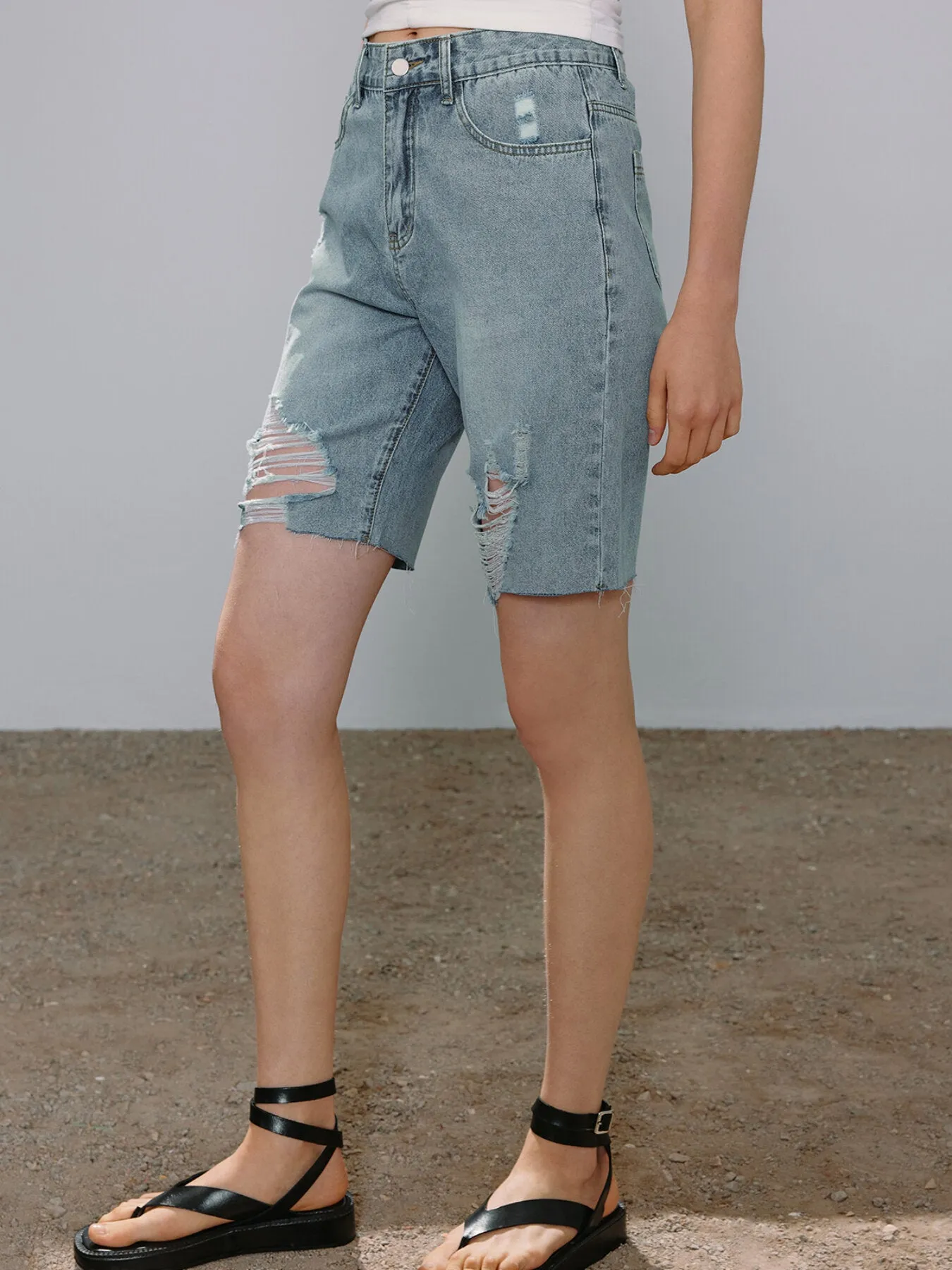 Button Front Ripped Denim Shorts