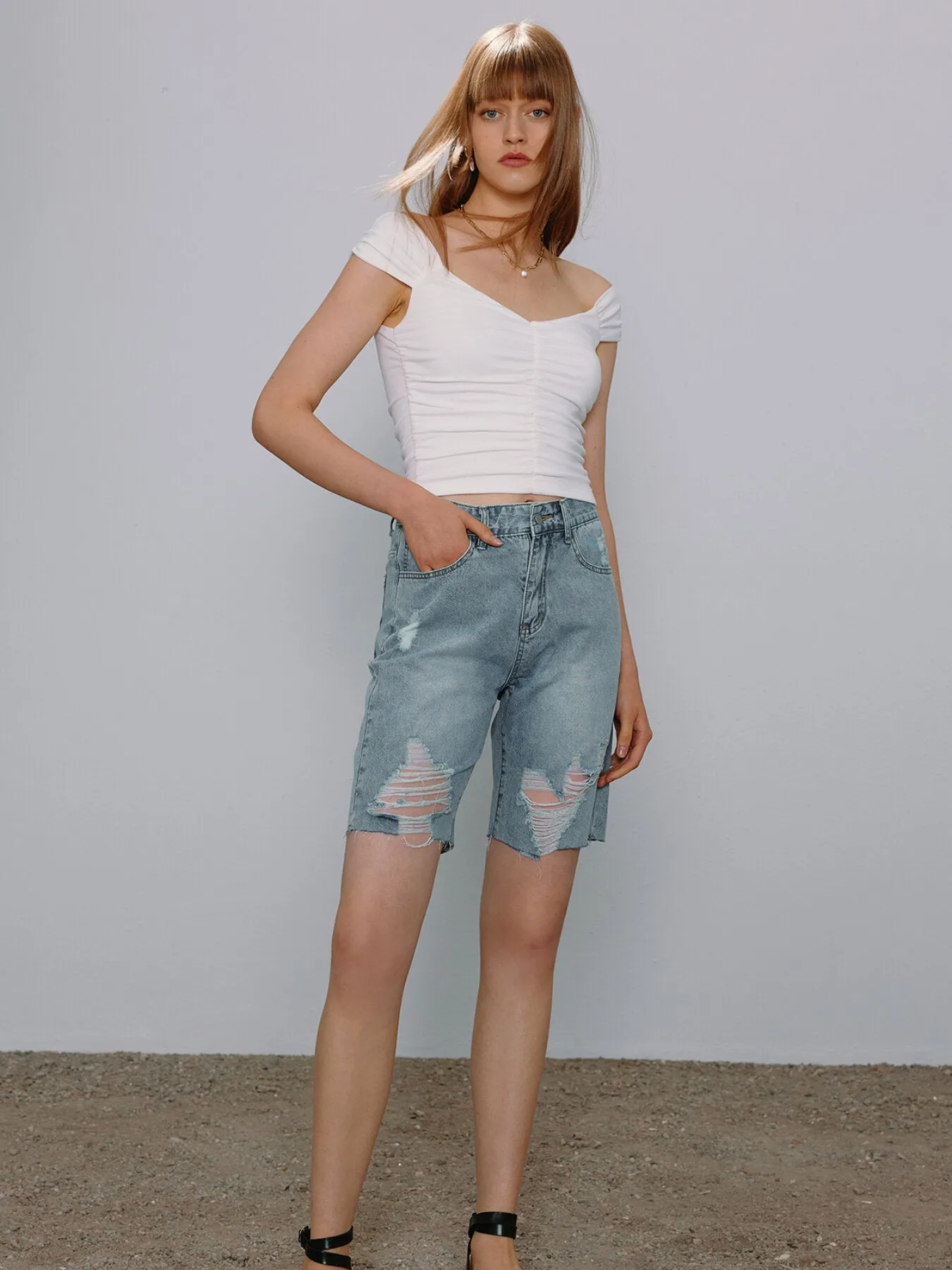 Button Front Ripped Denim Shorts