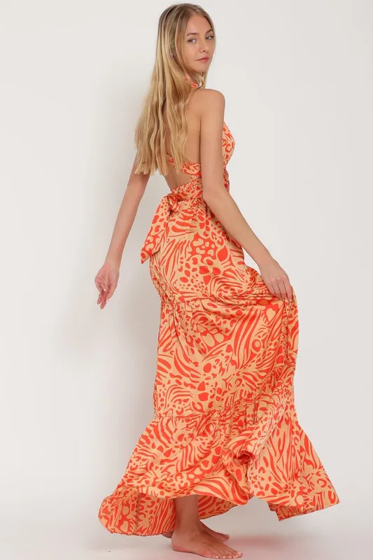 Camel/Coral Halter Back Cross Strap Tiered Maxi Dress