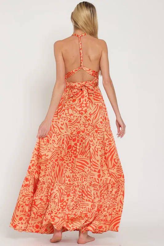 Camel/Coral Halter Back Cross Strap Tiered Maxi Dress