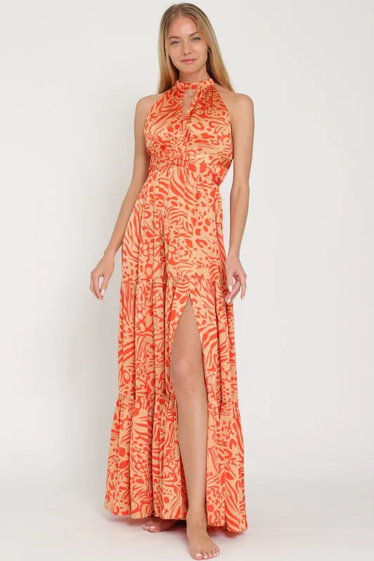 Camel/Coral Halter Back Cross Strap Tiered Maxi Dress