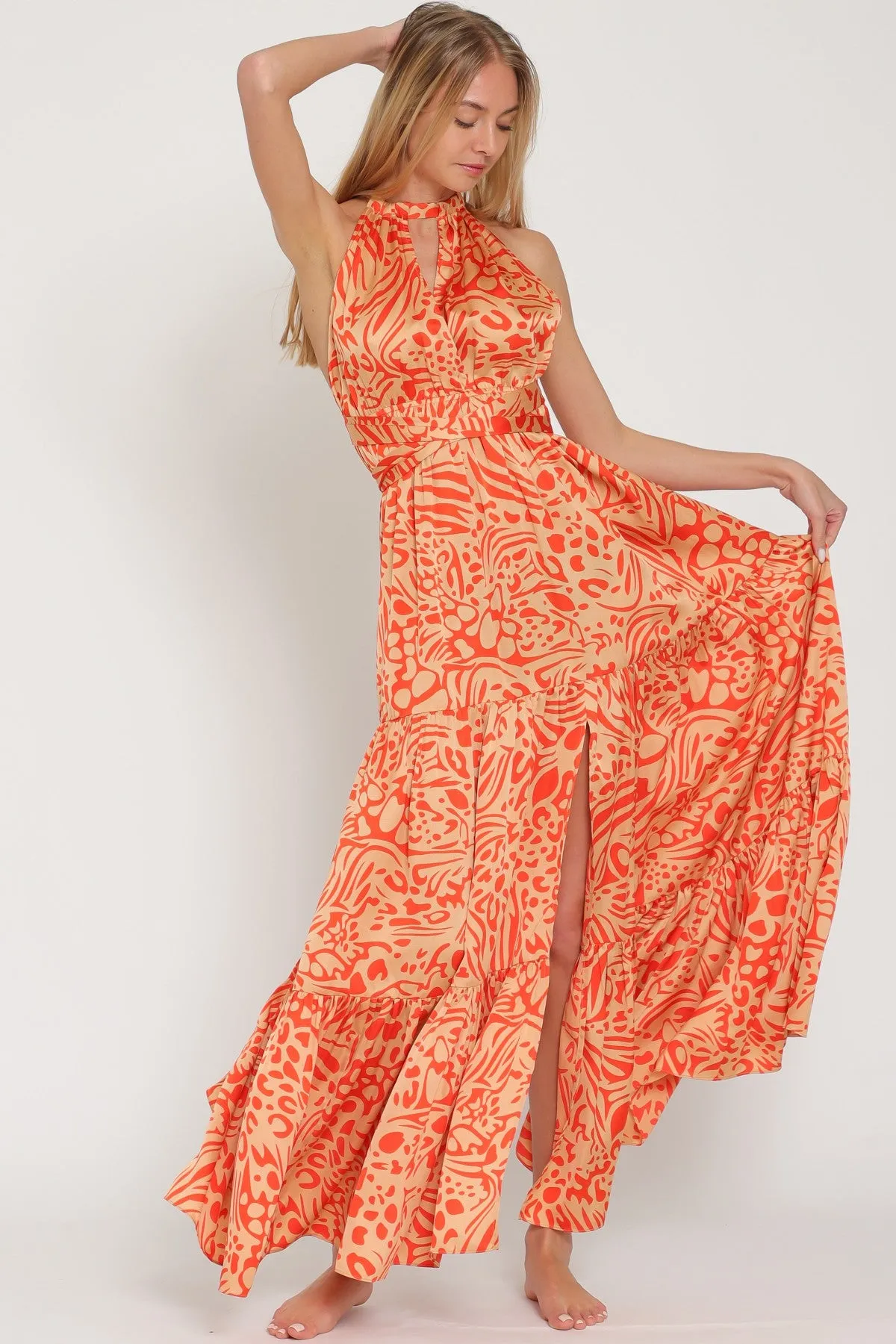 Camel/Coral Halter Back Cross Strap Tiered Maxi Dress