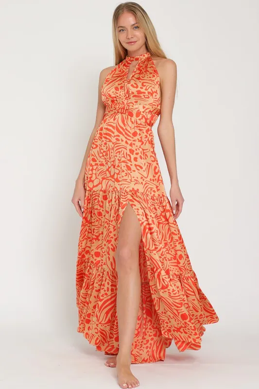 Camel/Coral Halter Back Cross Strap Tiered Maxi Dress