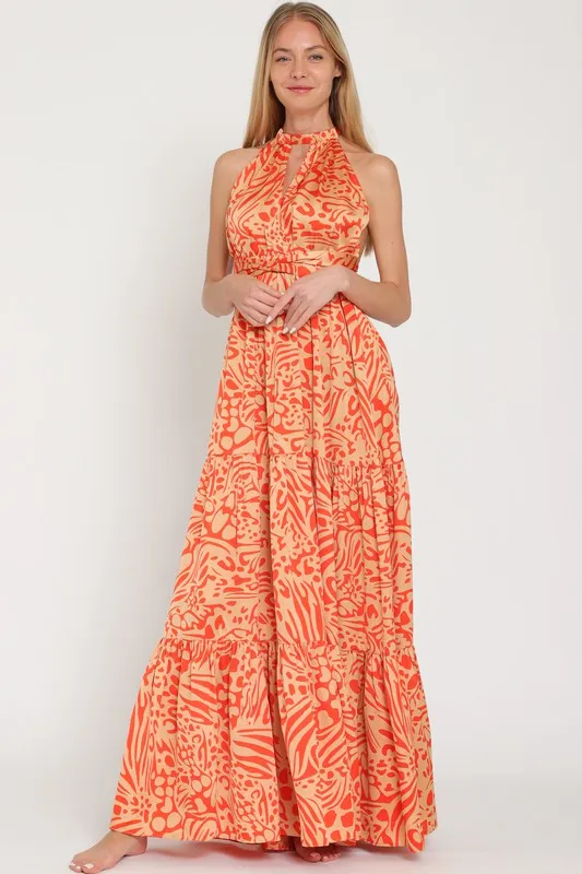 Camel/Coral Halter Back Cross Strap Tiered Maxi Dress