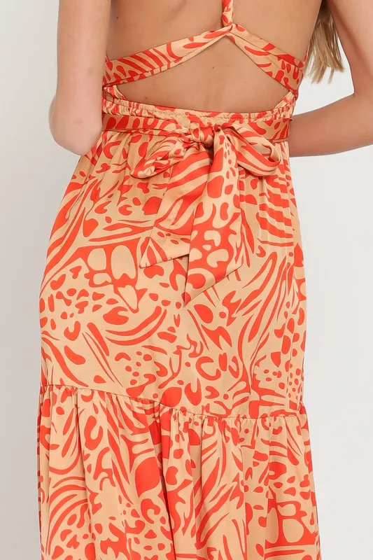 Camel/Coral Halter Back Cross Strap Tiered Maxi Dress