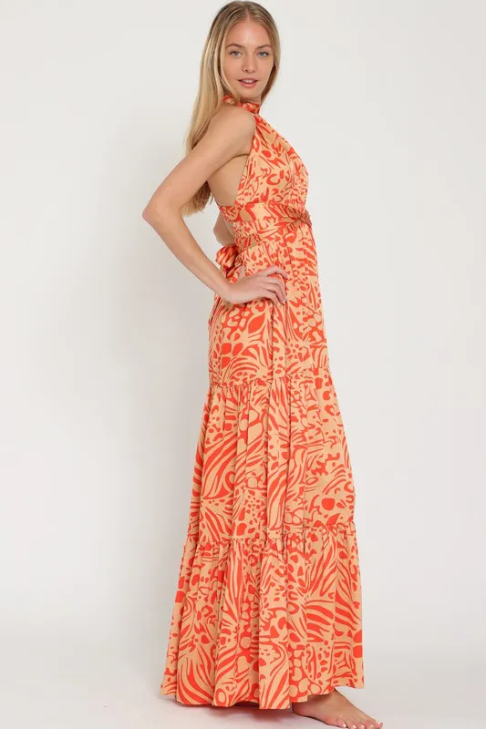 Camel/Coral Halter Back Cross Strap Tiered Maxi Dress