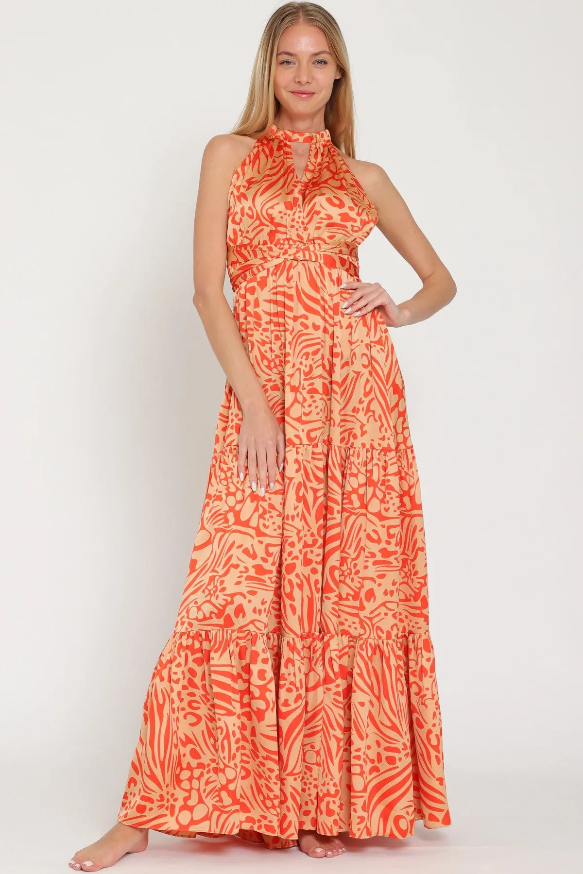 Camel/Coral Halter Back Cross Strap Tiered Maxi Dress