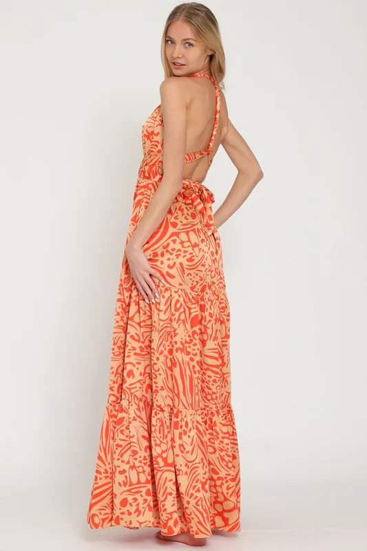 Camel/Coral Halter Back Cross Strap Tiered Maxi Dress