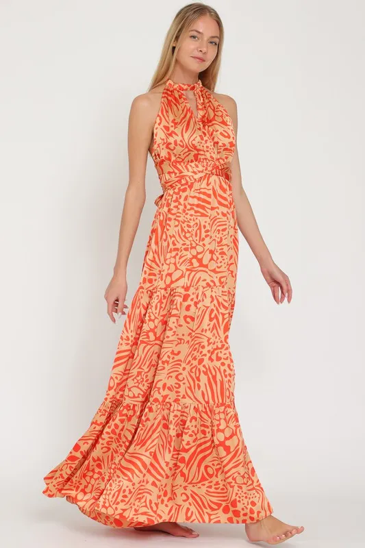 Camel/Coral Halter Back Cross Strap Tiered Maxi Dress