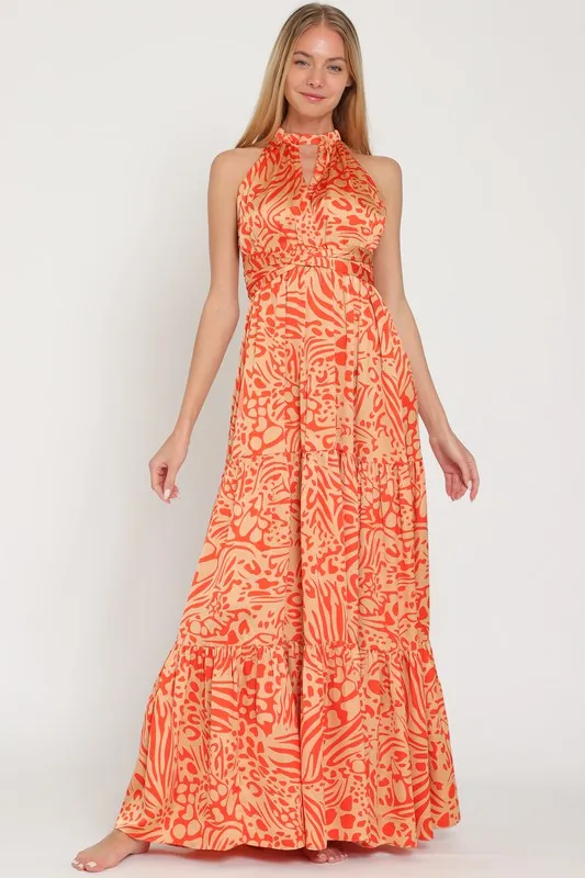 Camel/Coral Halter Back Cross Strap Tiered Maxi Dress