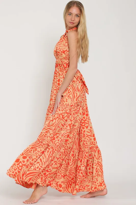 Camel/Coral Halter Back Cross Strap Tiered Maxi Dress