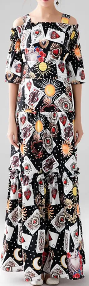 Card Printed Off-the-Shoulder Maxi Dress