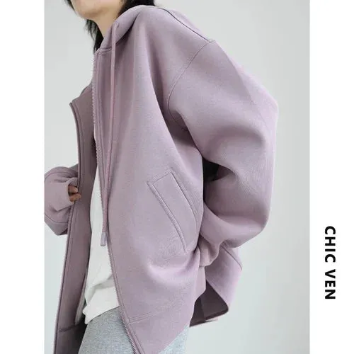 CHIC VEN Women's Sweatshirts Hoodies Solid Loose Casual Hooded Female Tops Lady Coat Medium Length Overcoat Spring Autumn 2022