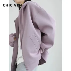 CHIC VEN Women's Sweatshirts Hoodies Solid Loose Casual Hooded Female Tops Lady Coat Medium Length Overcoat Spring Autumn 2022