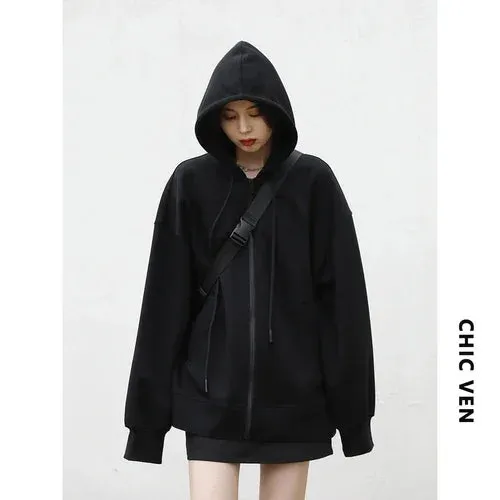 CHIC VEN Women's Sweatshirts Hoodies Solid Loose Casual Hooded Female Tops Lady Coat Medium Length Overcoat Spring Autumn 2022