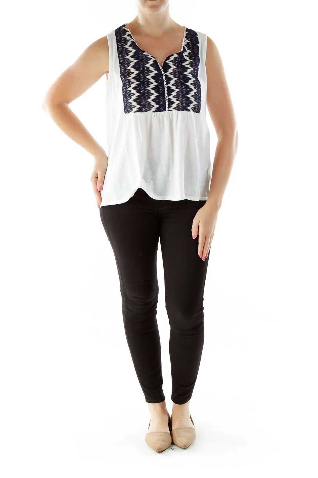 Cream Black Embroidered Loose Tank Top