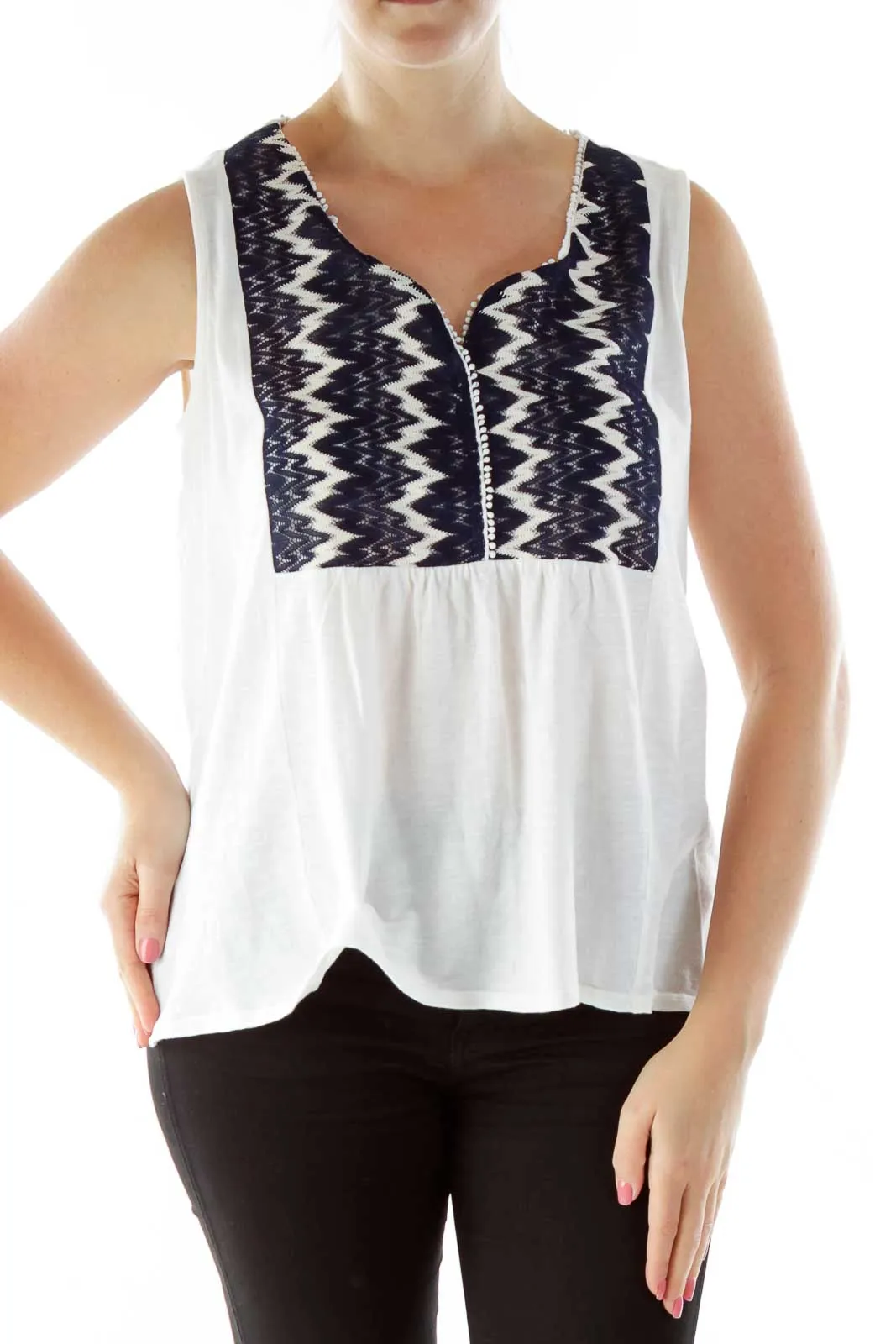 Cream Black Embroidered Loose Tank Top