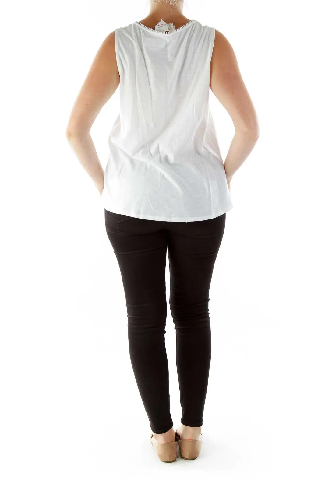 Cream Black Embroidered Loose Tank Top