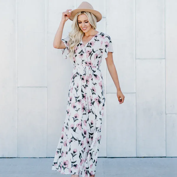 Faux Wrap Maxi Dress: Ivory Floral