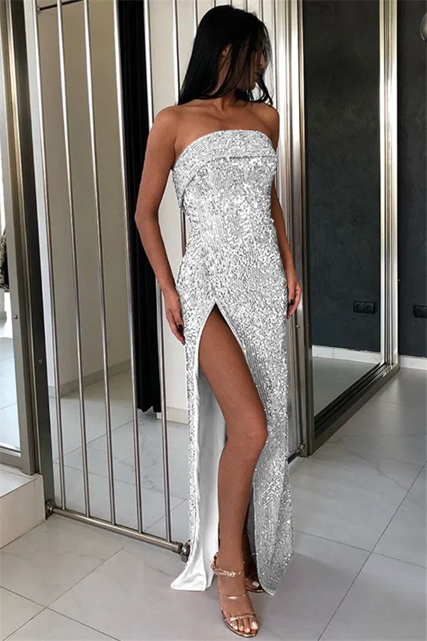 Glitter Detailed Draped Strapless Slit Bodycon Maxi Dress