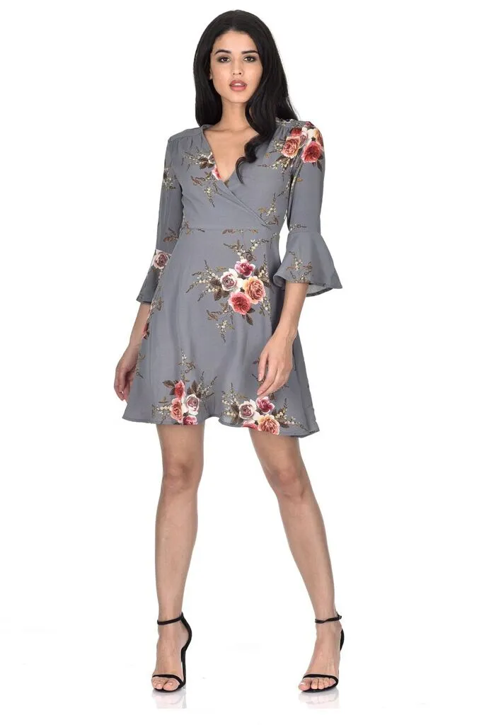 Grey Printed Wrap Over Skater Dress