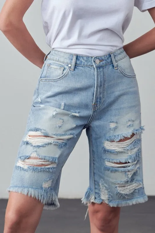 High Rise Ripped Bermuda Denim Shorts -online exclusive