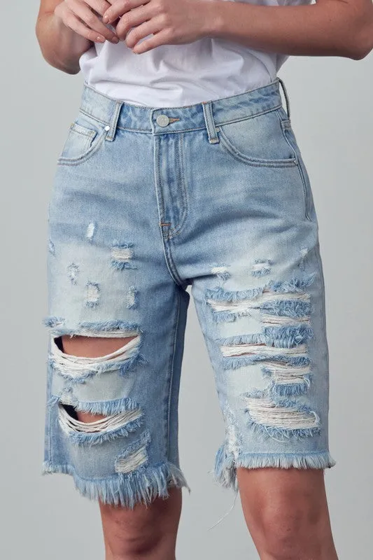 High Rise Ripped Bermuda Denim Shorts -online exclusive